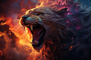 Anthropomorphic lioness head. Psychedelic art