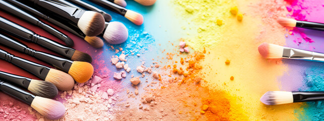 Close-up of makeup brushes with colorful eyeshadows on table. - obrazy, fototapety, plakaty