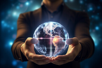 Man is holding transparent futuristic globe in hands, close up view