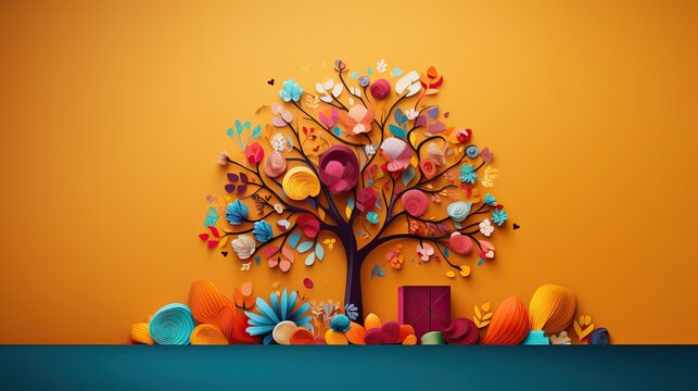 Arbre graphique multi couleurs sur fond unis