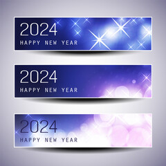 Fototapeta na wymiar Set of Sparkling Shimmering Ice Cold Blue and Purple Horizontal Christmas, Happy New Year Headers or Banners for Web, Vector Design Template with Copyspace - 2024