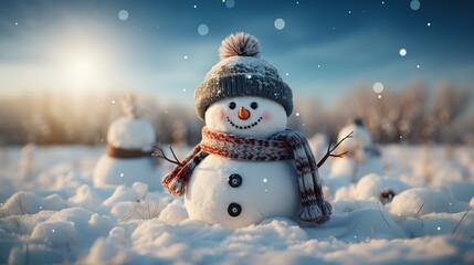 Bonhomme de neige avec bonnet et écharpe, fond pour noël   - obrazy, fototapety, plakaty