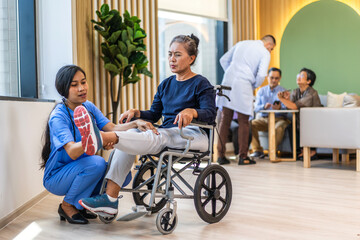 Portrait of asian woman physiotherapist trainer carer help physical and discussing consulting with asian senior patient by doing yoga workout exercises in rehabilitation at hospital.senior healthcare