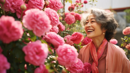 Fototapeta premium Asian mature woman with roses, smiling
