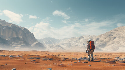 Fototapeta premium Astronaut is exploring resources on a different planet outdoors