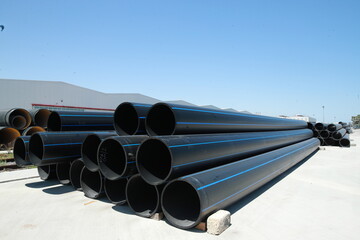 PE pipe plant, Industrial PE pipeline for gas and water. HDPE pipe, Polyethylene PE100 pipe. Polyethylene pipe plant