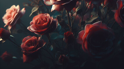 Ai generative photo of red roses in bloom - obrazy, fototapety, plakaty