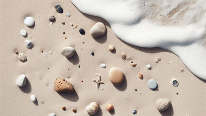 Fototapeta na wymiar Ai generative photo of a beach wave with a white sand beach and small beach rocks, top view