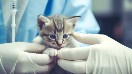 Veterinarian preparing kitten vaccine in close-up