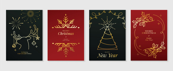Luxury christmas invitation card art deco design vector. Christmas tree, snowflake, firework, reindeer line art on black and red background. Design illustration for cover, print, poster, wallpaper.