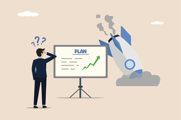 Businessman with plans and falling rocket. Business failure, technical error, wasted effort, startup failure.