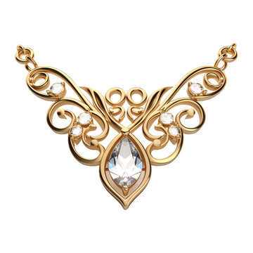 a golden wedding necklace pendant with gems and diamonds isolated on a transparent background, a beautiful and luxurious gold ornament pendant for a necklace PNG