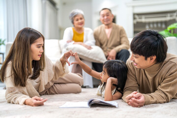 Portrait of enjoy happy love asian family father and mother holding hug cute little asian girl child smiling play and having fun moments good time, care, kid, support, insurance, child, at home