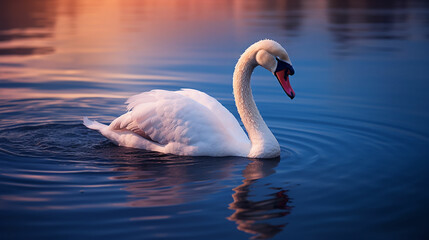 Naklejka premium White swan in the lake with blue dark background on the sunset. Made with generative ai
