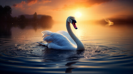 White swan in the lake with blue dark background on the sunset. Made with generative ai - Powered by Adobe