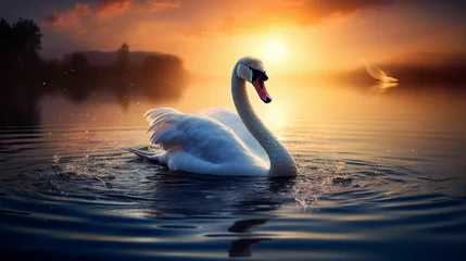 Keuken foto achterwand White swan in the lake with blue dark background on the sunset. Made with generative ai © Farid