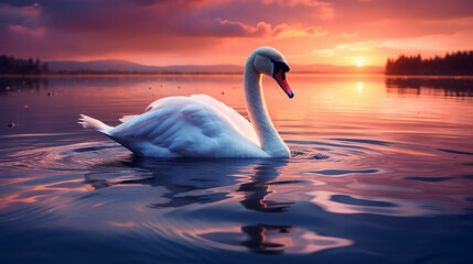 White swan in the lake with blue dark background on the sunset. Made with generative ai