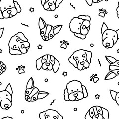Seamless pattern with dogs. Poodle; golden retriever, bull terrier; chihuahua, beagle thin line icon. Vector illustration.