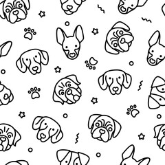 Seamless pattern with dogs. Dachshund, jack russell, pinscher, pug, rottweiler  thin line icons. Vector illustration.