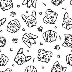 Seamless pattern with dogs. Bulldog, french bulldog, borzoi, st bernard, yorkshire terrier thin line icons. Vector illustration.