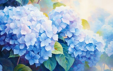 Closeup of hydrangea flowers, impressionist oil painting. Light blue blossom hydrangea in the garden or park. Botanical floral background.