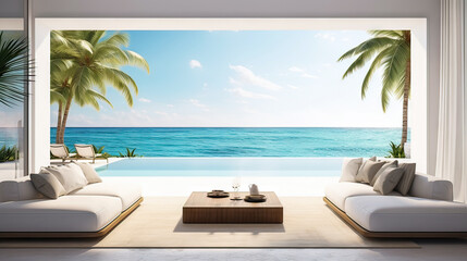 Lounge chair on terrace near bright living room and sofa in modern beach house or luxury pool villa. Cozy home interior