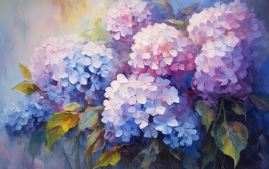 Delicate botanical floral background with hydrangea flowers, impressionist oil painting. Light blue and light purple blossom hydrangea in the garden or park.