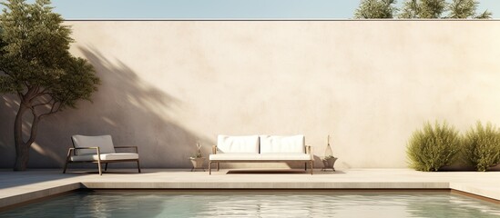 Courtyard with swimming pool, light concrete wall with a modern sofa