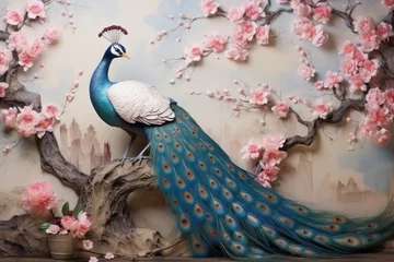  Colorful peacock on the background of pink sakura branches © pundapanda