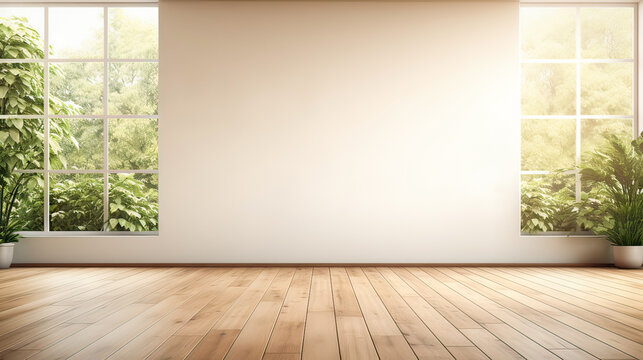 Fototapeta Modern contemporary style empty room with white wall and large window look out to see nature view.