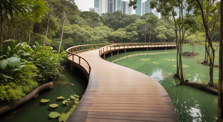A photograph showing the beautiful curving wooden board walkway in a tropical nat