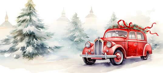 banner of watercolour illustration of red vintage car and christmas tree - obrazy, fototapety, plakaty