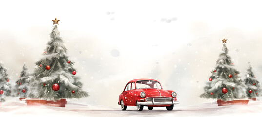banner of watercolour illustration of red vintage car and christmas tree - obrazy, fototapety, plakaty