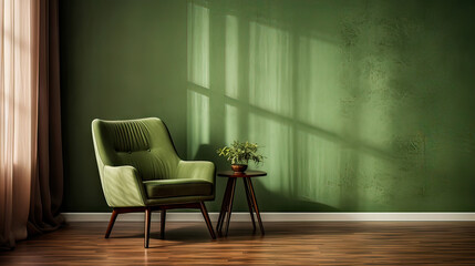Empty green room interior with gray armchair, parquet floor and wall mock up.