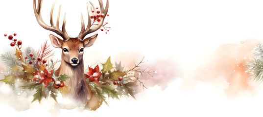 Obraz na płótnie Canvas banner of watercolour illustration of deer on the christmas background