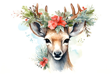 Naklejka premium watercolour illustration of deer with Christmas decoration on the head 
