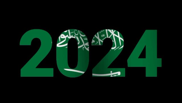 2024 text with Saudi Arab flag waving. Animated Saudi Arabia falg wave in wind background. Seamless loop 4k