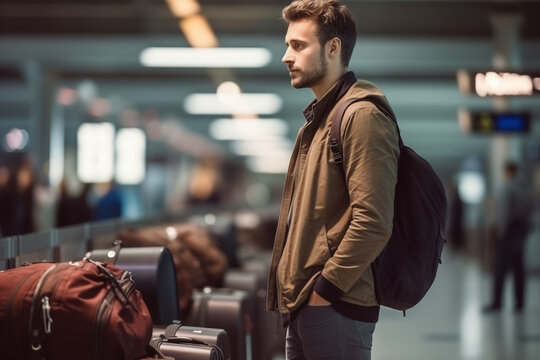 Young Man Traveller With Luggage Waiting Queue For Check In At Airline Counter Service At The Airport