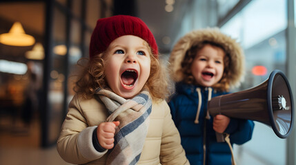 Retail and Lifestyle: An adorable composition featuring two cute kids passionately shouting into small megaphones, promoting Black Friday sales with childlike vigor.