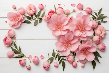 Frame made of pink flowers on wooden white background