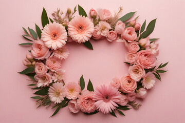Wreath made of pink flowers on pink background
