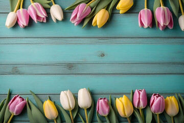 Frame of tulips on turquoise rustic wooden background