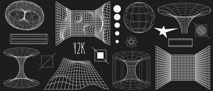 Black and white Set 3d abstract Geometric y2k aesthetic elements and wireframe shapes. Geometry grid shapes retro design. Vector illustration for social networks, web pages, banners and posters.