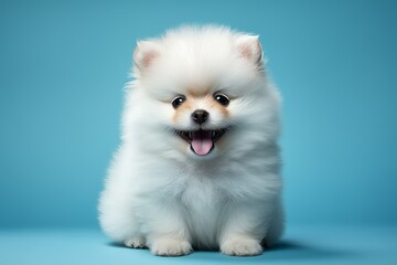 Fototapeta premium a puppy pomernian smiling on blue isolated background
