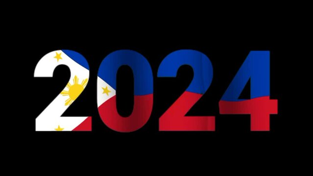 2024 with Philippines flag waving. Philippines national day theme or travel seamless loop animated 4k