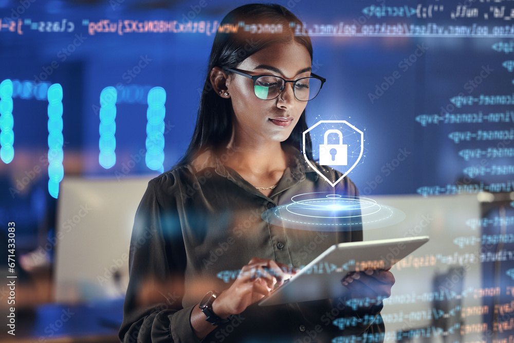 Aufkleber Lock hologram, tablet and woman with data analysis safety, software overlay and cyber security coding at night. Html, script and person reading with digital technology, gdpr and networking research