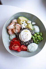 Grain Bowl with Avocado, Shrimp, Tomato, Mozzarella, and Legumes