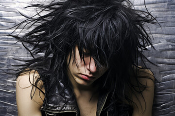 Punk rocker with black hair, makeup and vest.