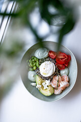 Grain Bowl with Avocado, Shrimp, Tomato, Mozzarella, and Legumes