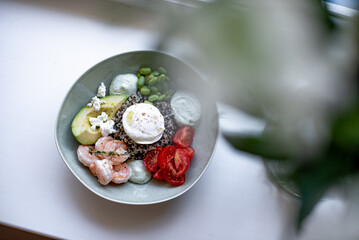 Grain Bowl with Avocado, Shrimp, Tomato, Mozzarella, and Legumes